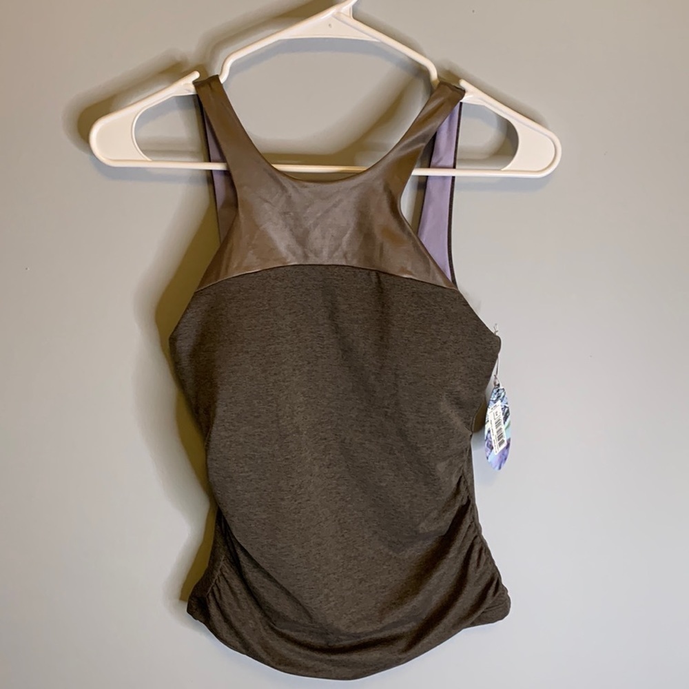 PrAna muted Truffle Catrin Tankini NWT Sz XS lined and built-in bra side Rouche
